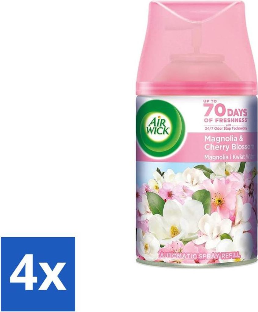 Air Wick - Lufterfrischer Nachfüller - Magnolie & Kirschblüte - Automatisches Spray - 250 ml - Vorteilspack - 4 Stücke