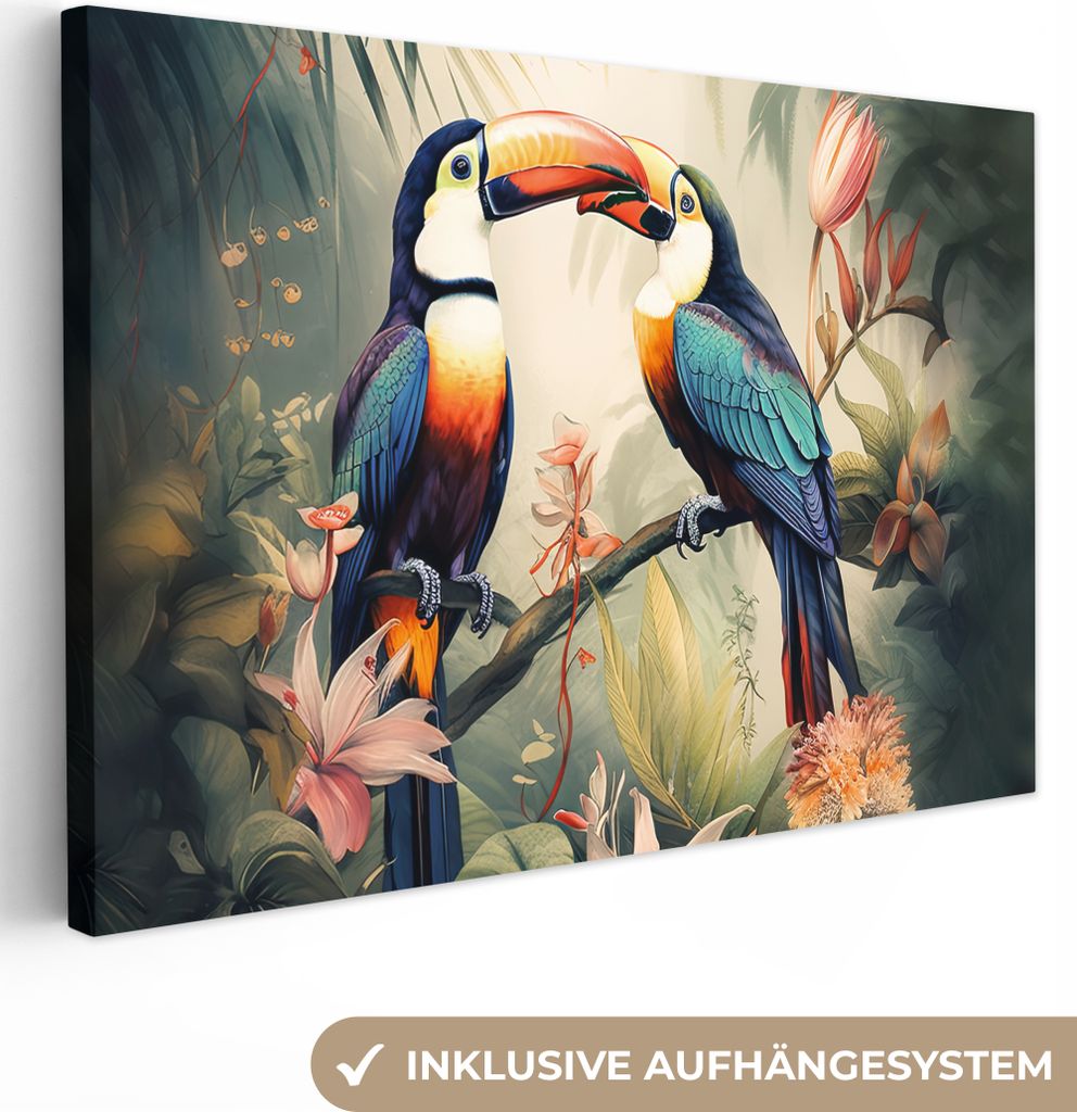MuchoWow - Leinwandbilder - Tukan - Vögel - Blumen - Natur - Dschungel, Wandbild, Wanddeko Bilder Wohnzimmer, 60x40 cm