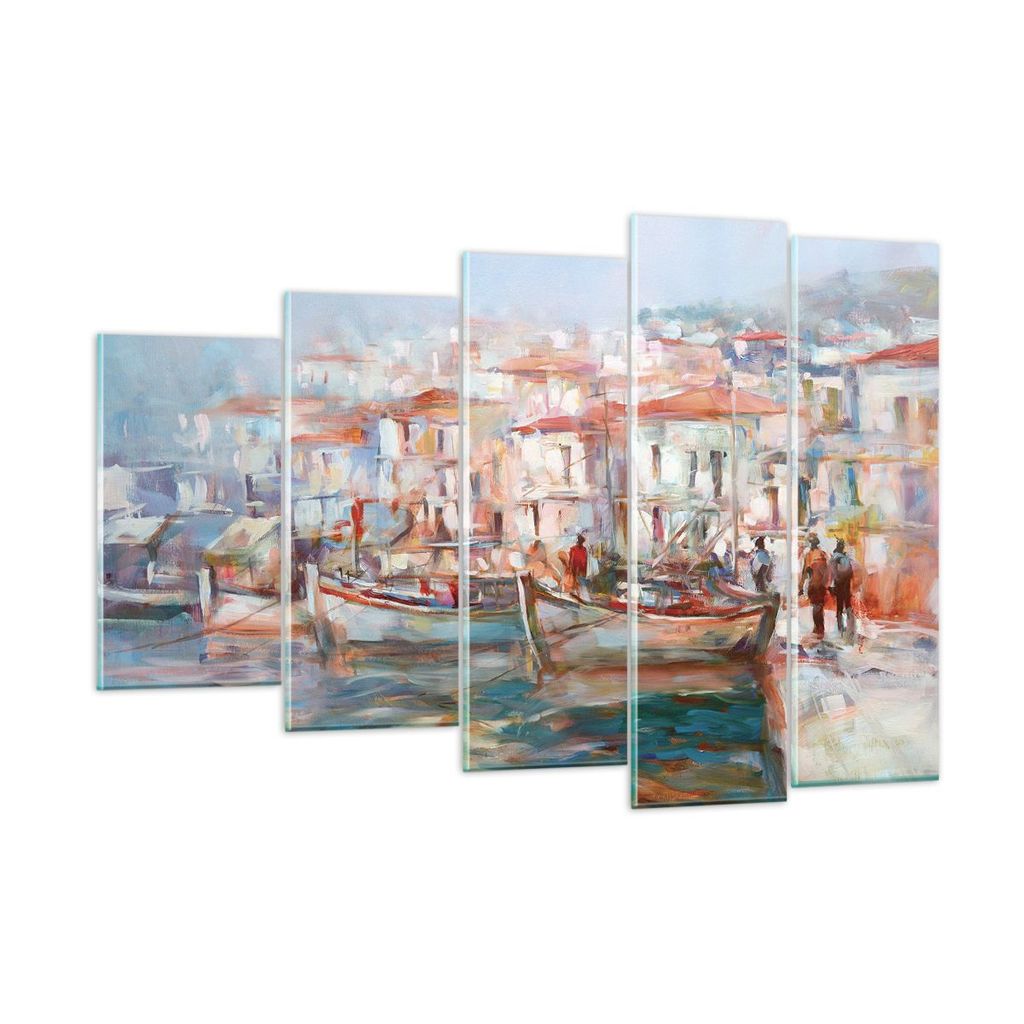 Bilder auf glas - 5 Teile - Insel Boote Hafen - 150x100cm - Glasbilder - Wandbilder - Bilder - zum Aufhängen bereit - Wanddekoration aus Glas - Gl...