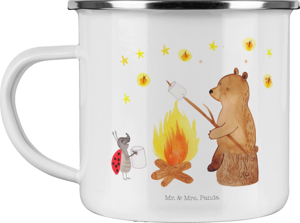 Mr. & Mrs. Panda Emaille Becher Bär & Marienkäfer Lagerfeuer - Weiß - Geschenk, Tasse, Blechtasse, Teddy, reisetasse, Teetasse, Pott, Haferl