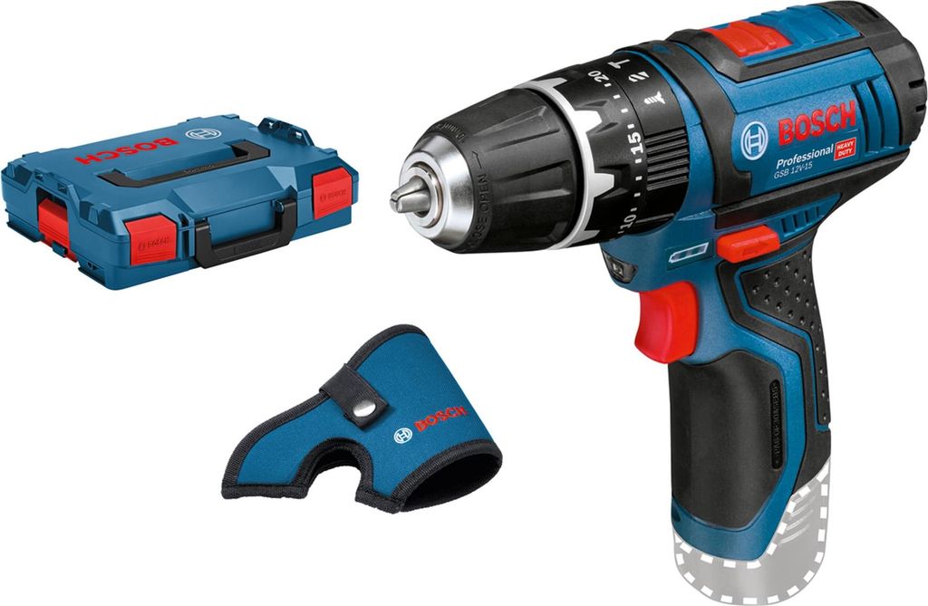 A Bosch cordless drill and its accessories are displayed against a white background.