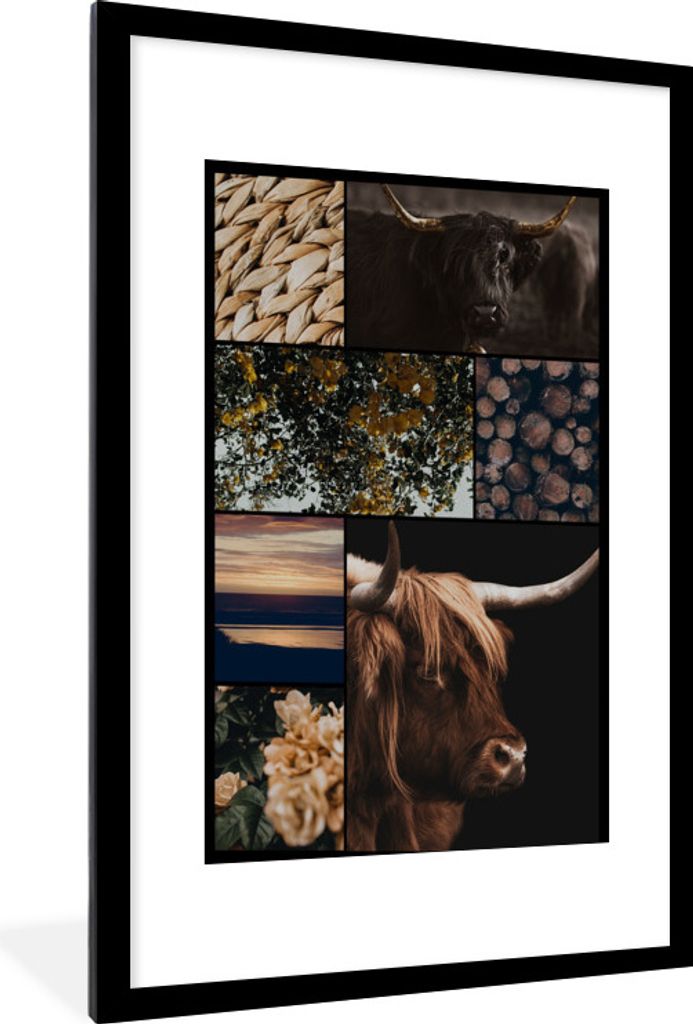 MuchoWow MuchoWow Gerahmtes Poster Schottisches Hochlandrind - Garten - Baum - Blumen 60x90 cm - Poster mit zchwarzem Bilderrahmen - Dekoration...