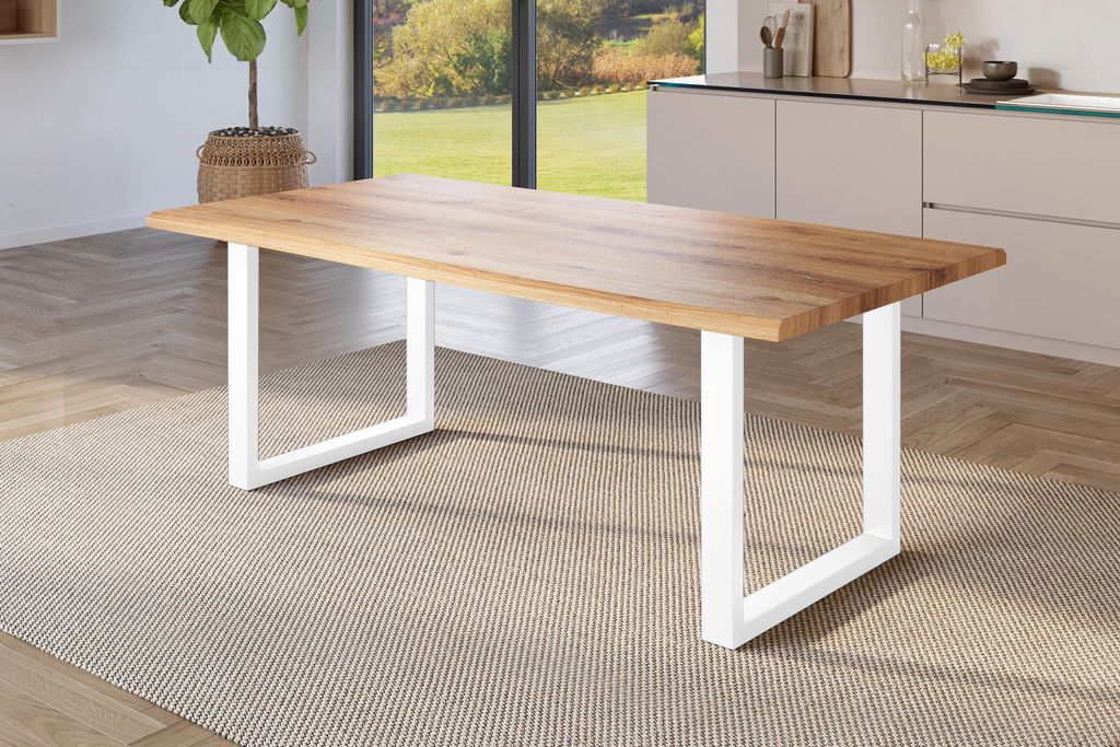 Esstisch Baumkante Holz-Optik Wildeiche 220 x 100 U-Gestell weiß JULIUS