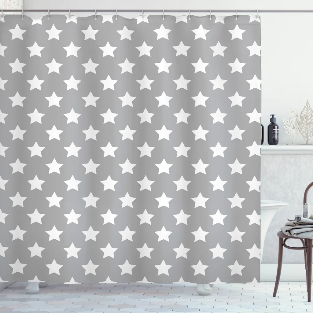 ABAKUHAUS Design Tenda da doccia stretta, Motivo veicoli grandi, Set decorativo per bagno in tessuto con ganci, 120 x 180 cm, Giallo Grigio Bianco