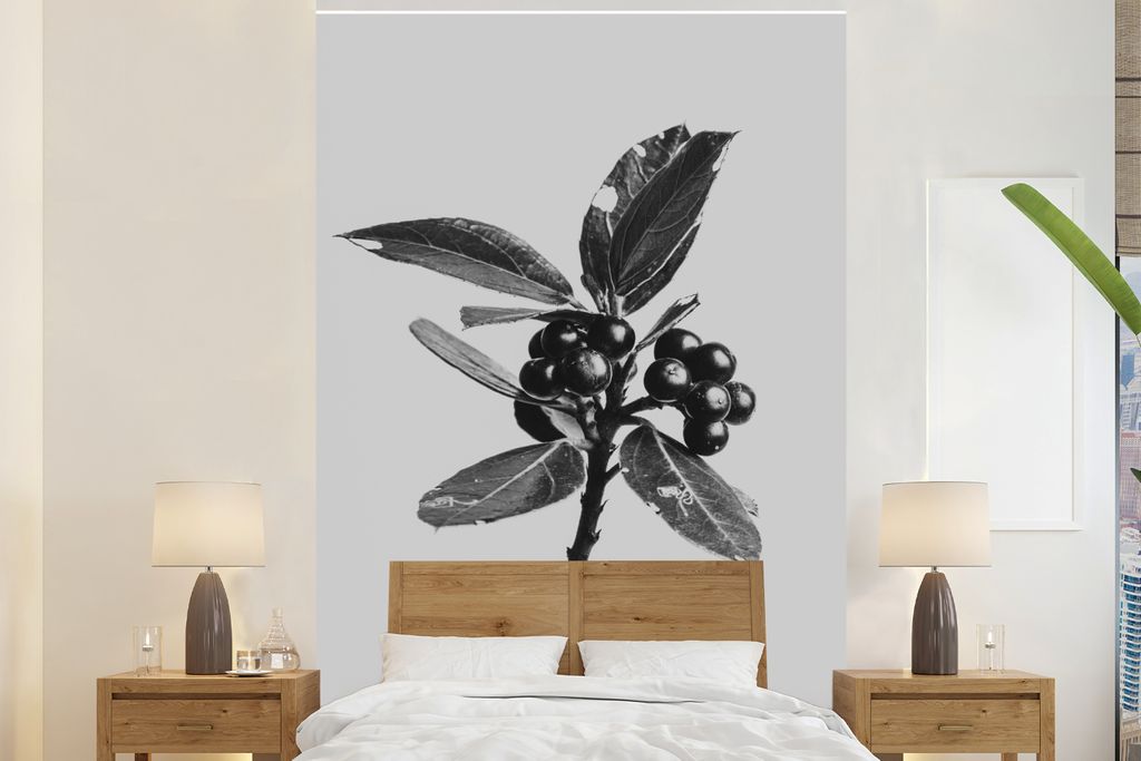 MuchoWow Fototapete für Wohnzimmer oder Schlafzimmer Wandtapete Vinyl Motivtapete Beeren - Zweig - Schwarz - Weiß - 200x300 cm - Wanddekorationen