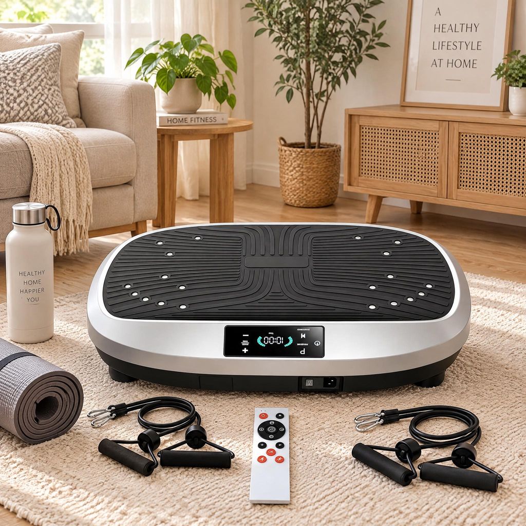 Vibrationsplatte mit 120 Stufen, 3 Modi, Fernbedienung und Produktbild 