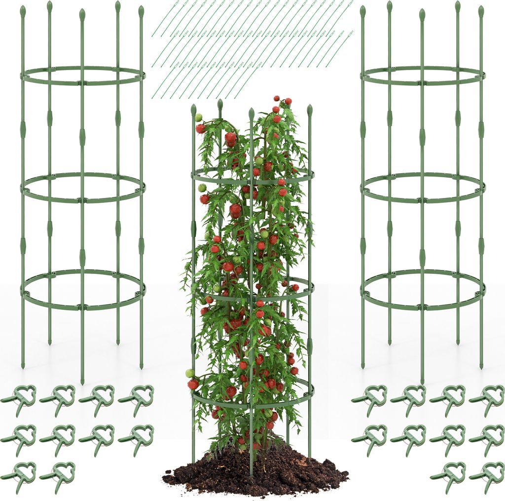 3er Set Rankhilfe mit 3 verstellbare Höhe & 20 Pflanzenclips, Garten-Spaliere 154cm, Tomatenkäfig Metall (Grün)
