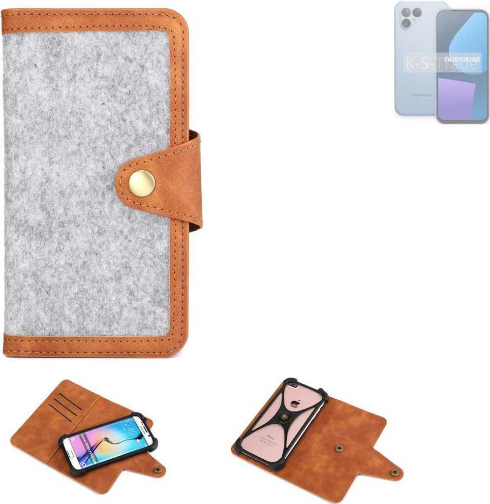 K-S-Trade Handyhülle kompatibel mit Fairphone Fairphone 5 Schutzhülle Filz-Hülle Kunst-Leder hellgrau braun (1x)