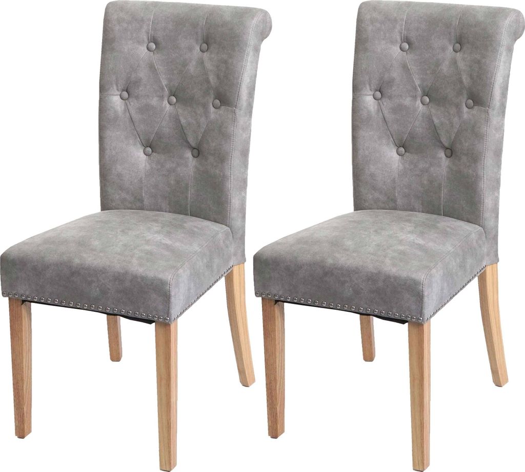 2er-Set Esszimmerstuhl Chesterfield II, Stuhl Küchenstuhl, Nieten Stoff/Textil hellgrau, helle Beine