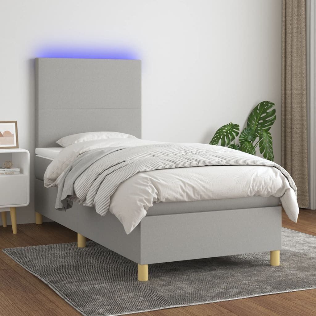 The Living Store Boxspringbett mit Matratze & LED Hellgrau 90x190 cm Stoff