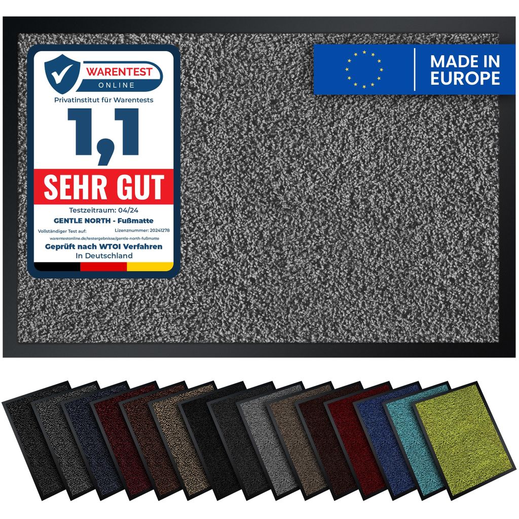 Gentle North Hochwertige Fußmatte hellgrau 80x120 groß für Innen & Außen - Schmutzfangmatte rutschfest, waschbar & wetterfest