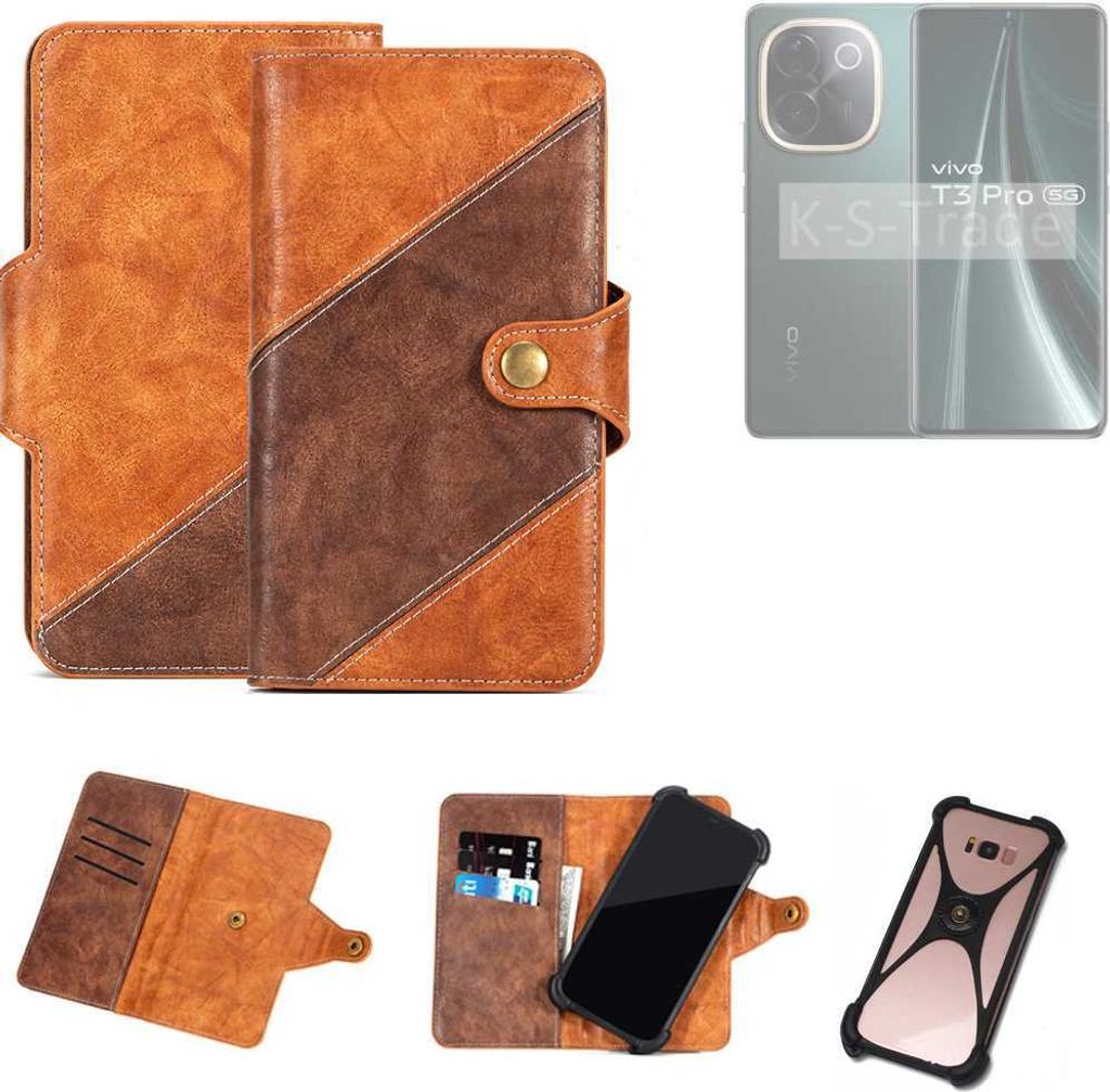 K-S-Trade Handyhülle Schutzhülle Bookstyle Case Wallet-Case kompatibel mit Vivo T3 Pro 5G Cover Klapphülle Kantenschutz Smartphone dunkelbraun