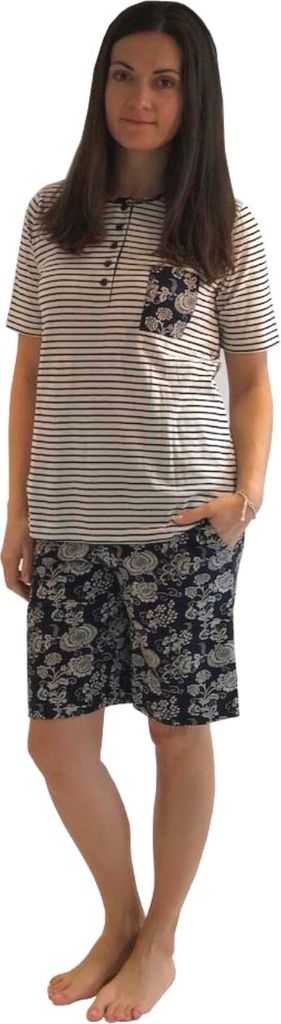 Damen Shorty-Pyjama kurzarm, Oberteil gestreift, kurze Shorts Hose mit Blümchenmuster 191 205 90 881 ; creme , 44