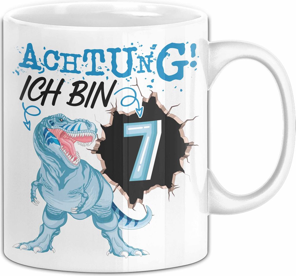 7. Geburtstag Geschenk Tasse Becher Jungs Sohn T-Rex Geburtstagsgeschenk Dinosaurier Achtung Ich bin 7 (Weiß)