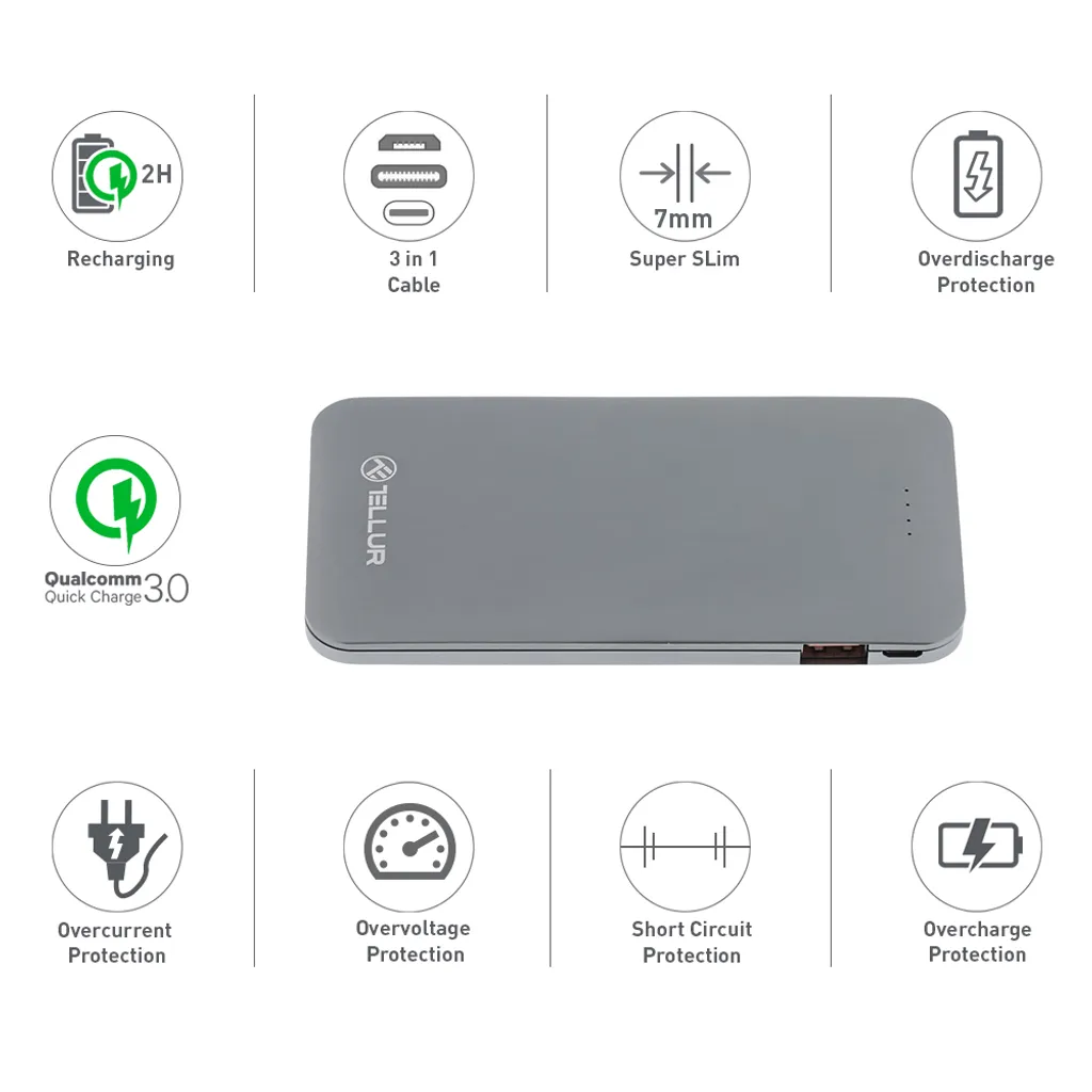 Batterie de Secours 5000 mAh Grise : Fini les câbles oubliés avec le 3-en-1