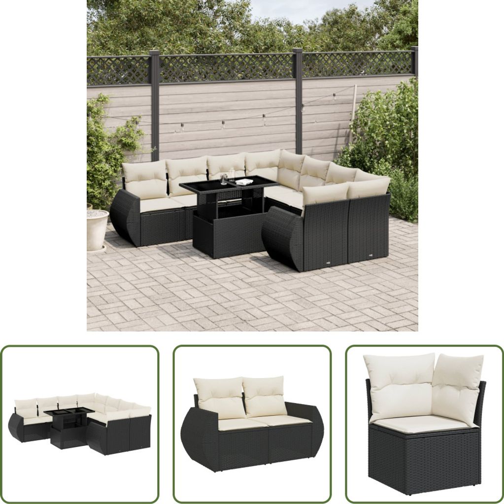 The Living Store 9-tlg. Garten-Sofagarnitur mit Kissen Schwarz Poly Rattan