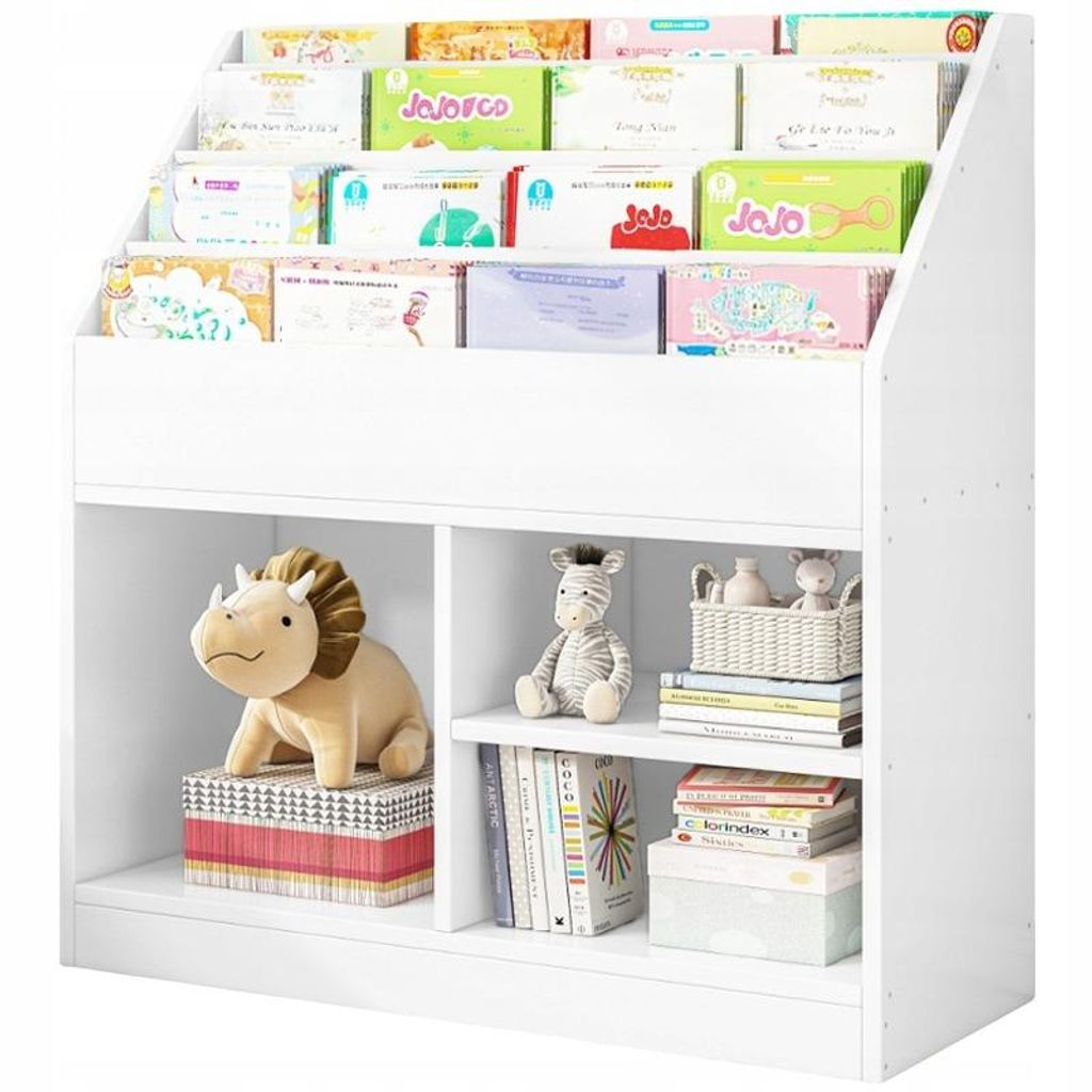 A white bookshelf filled with children's books and toys.