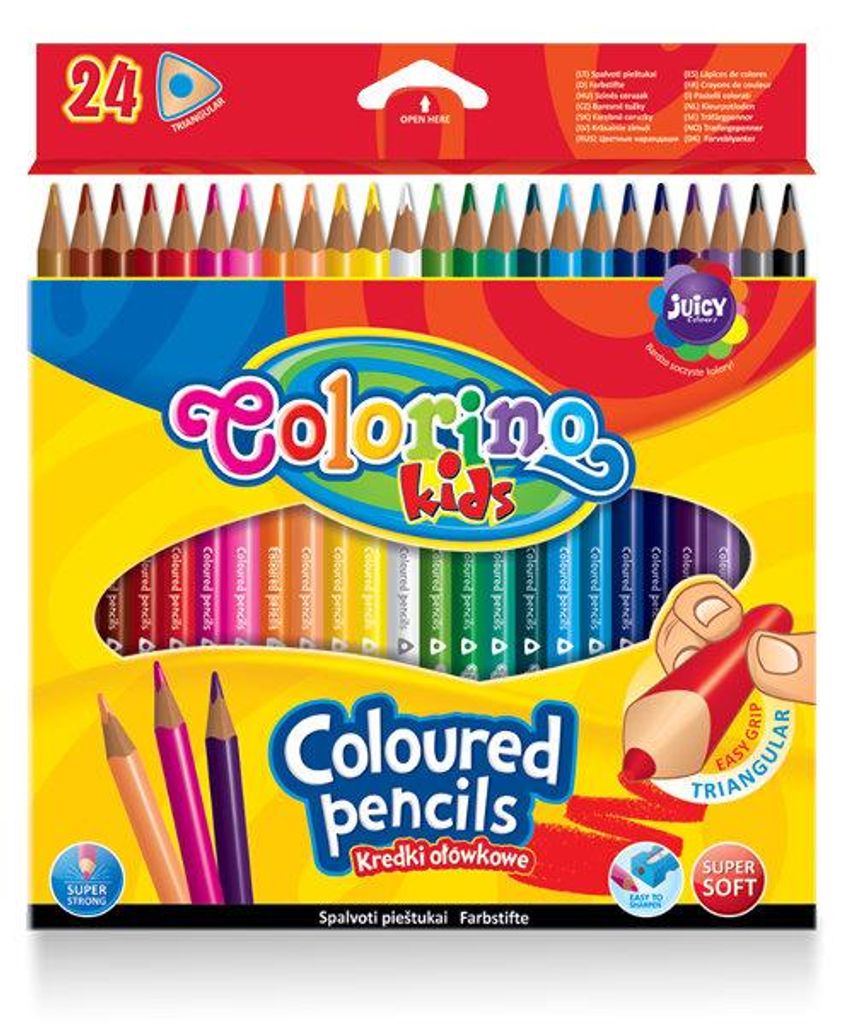 A box of 24 coloring pencils for kids, with the brand name 'Colorino' and 'Juicy' prominently displayed.
