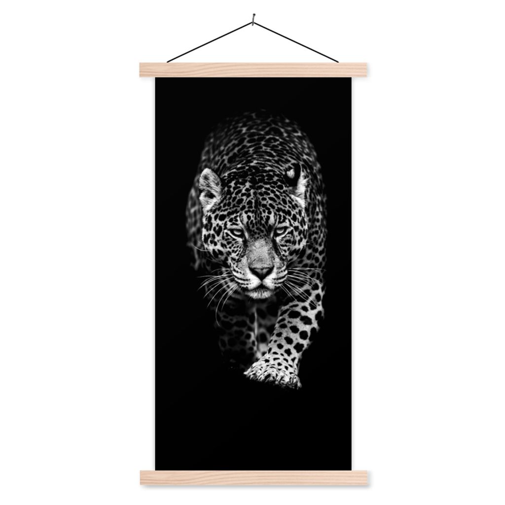 MuchoWow Textilposter Tiere - Schwarz - Leopard - Weiß - Wild 40x80 cm mit holzfarbenen Rahmen - Wohnzimmer