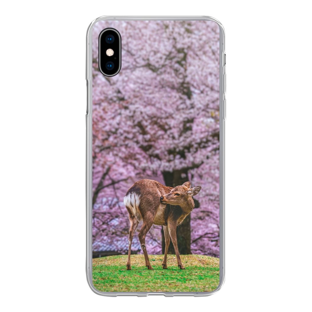 MuchoWow Handyhülle Schutzhülle Hülle für iPhone Xs Hirsch - Rosa - Blüte Silikon Softcase Handy Hülle - Handytasche