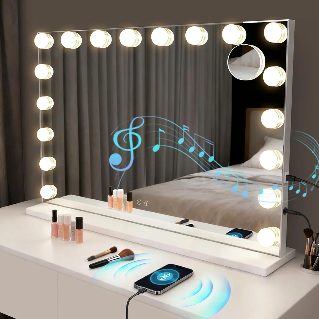 Miroir de Table Maquillage avec Musique Bluetooth et Éclairage Variable