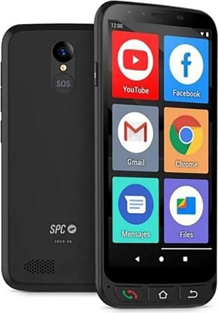 A black smartphone is shown from the front and back, displaying its interface with large icons.