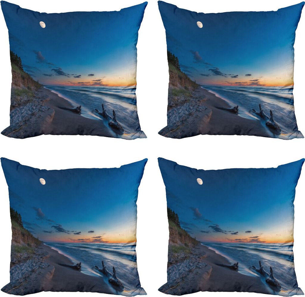 ABAKUHAUS Schwemmholz Kissenbezug Set (4 Stück), Mond in Himmelssturzsee, Moderner Doppelseitiger Digitaldruck, 60 cm x 60 cm, Blau und Aprikose