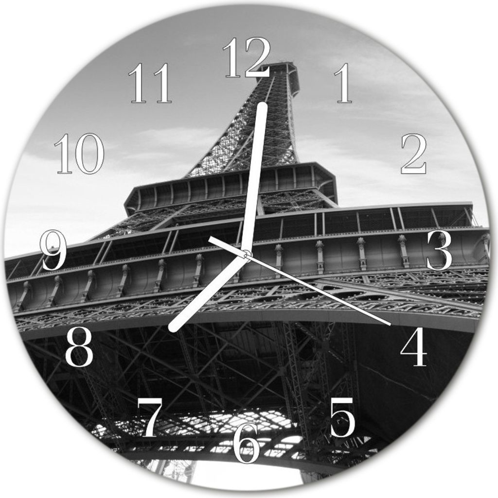 Glasuhr Wanduhr Küchenuhr Echt-Glas 30fi cm Eiffelturm Paris schwarz-weiß