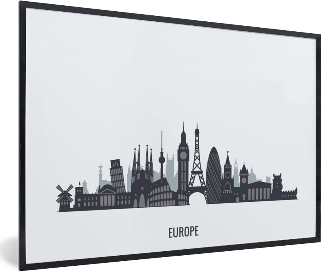 MuchoWow Gerahmtes Poster Europa - Skyline - Schwarz - Weiß 60x40 cm - Poster mit Schwarzem Bilderrahmen Wandposter Rahmen Foto Bilder - Printin...