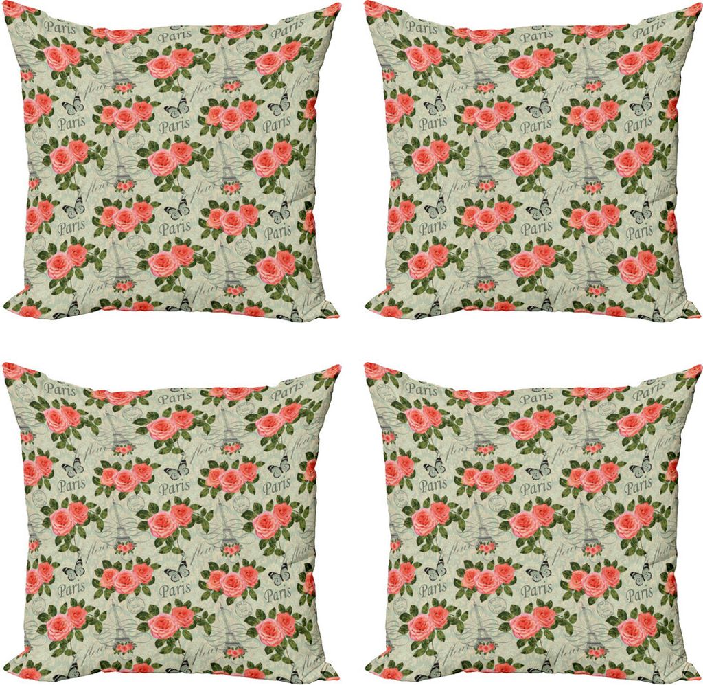 ABAKUHAUS Shabby Flora Kissenbezug Set (4 Stück), Paris Themed Blumen, Moderner Doppelseitiger Digitaldruck, 40 cm x 40 cm, Salmon and Green