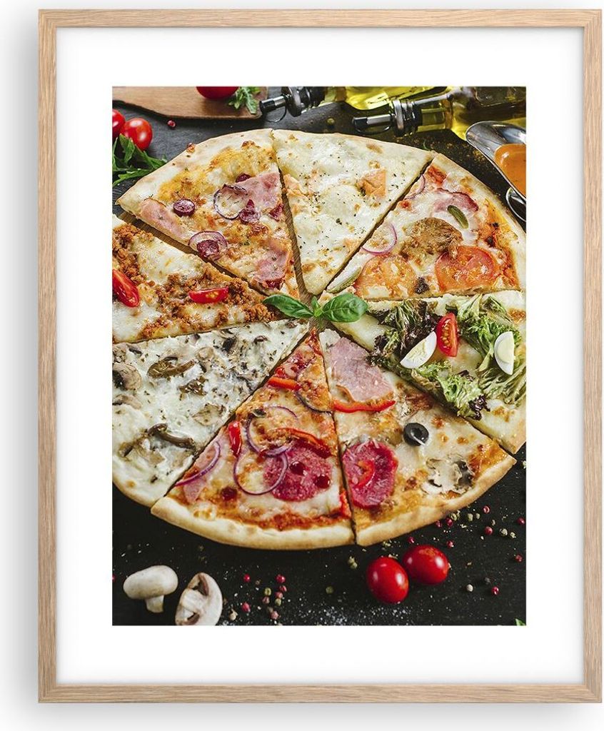 Gerahmtes Poster - Rahmen in heller Eiche - Pizza Käse Tomaten - 40x50 cm - Wand Bild - Wanddeko - Wandbilder - Wandposter - Bilderrahmen - Bilder...