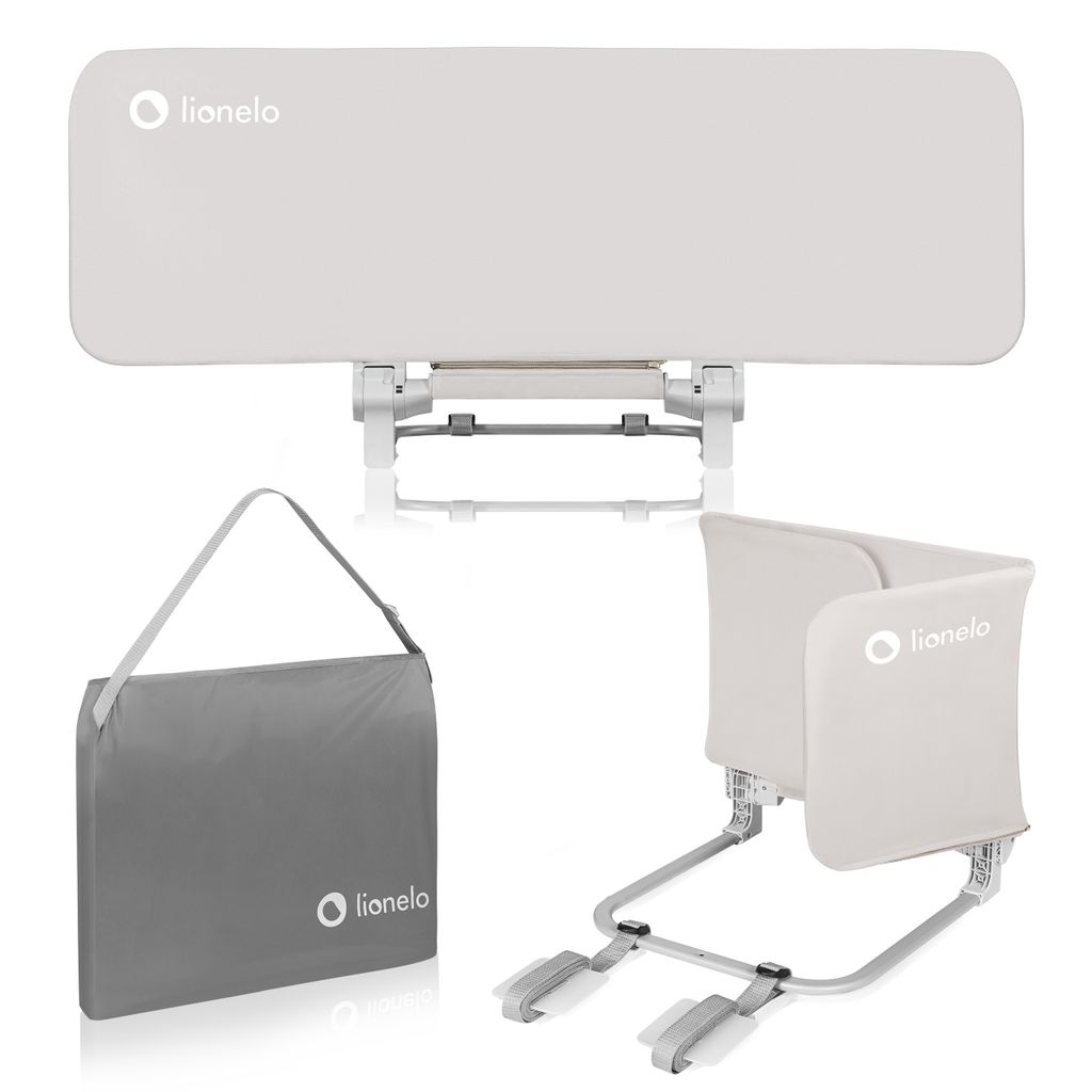 A product shot of a bed rail and a carrying bag, presented on a white background.