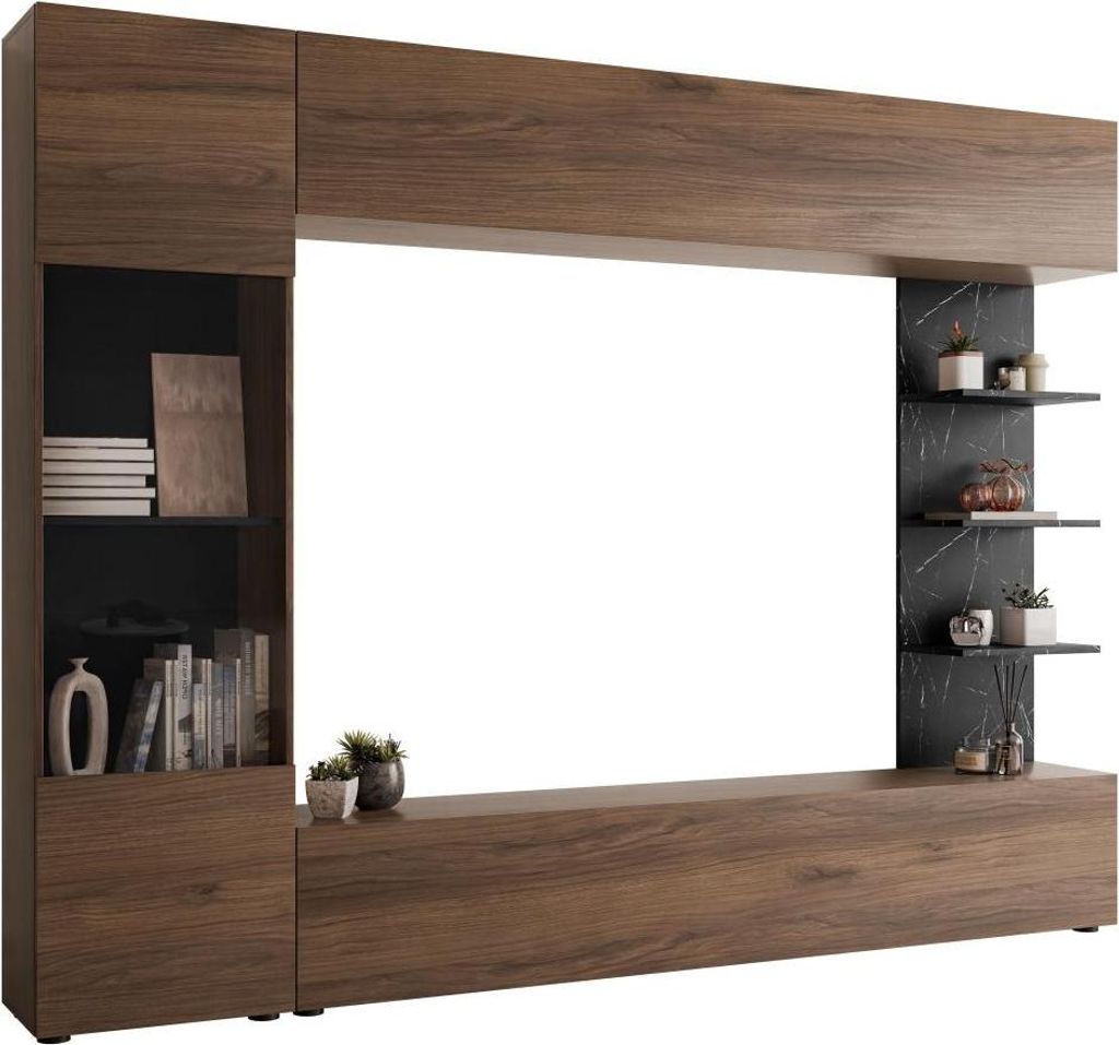 MIRJAN24 Wohnwand Lazando, Stilvoll Wohnzimmer-Set, Schrankwand, Praktisch Mediawand, TV-Schrank (Farbe: Nuss Warmia + Schwarz Marmor, ohne Beleuch...