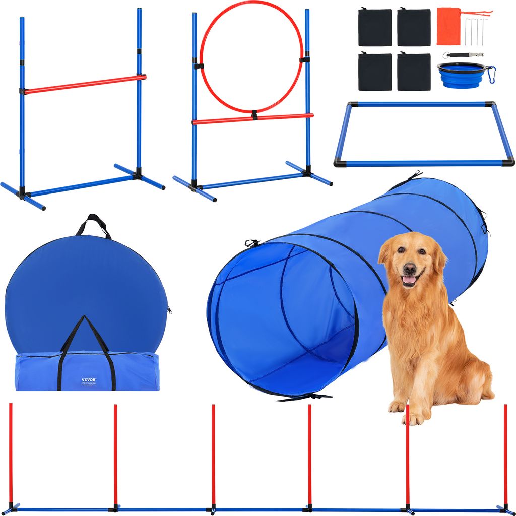 VEVOR Hunde-Agility-Trainingsausrüstung, 5-teiliges Set mit verstellbaren hohen Hürden, 6 Slalomstangen, Tunnel, Sprungring, Pausenbox, Pfeife, f...