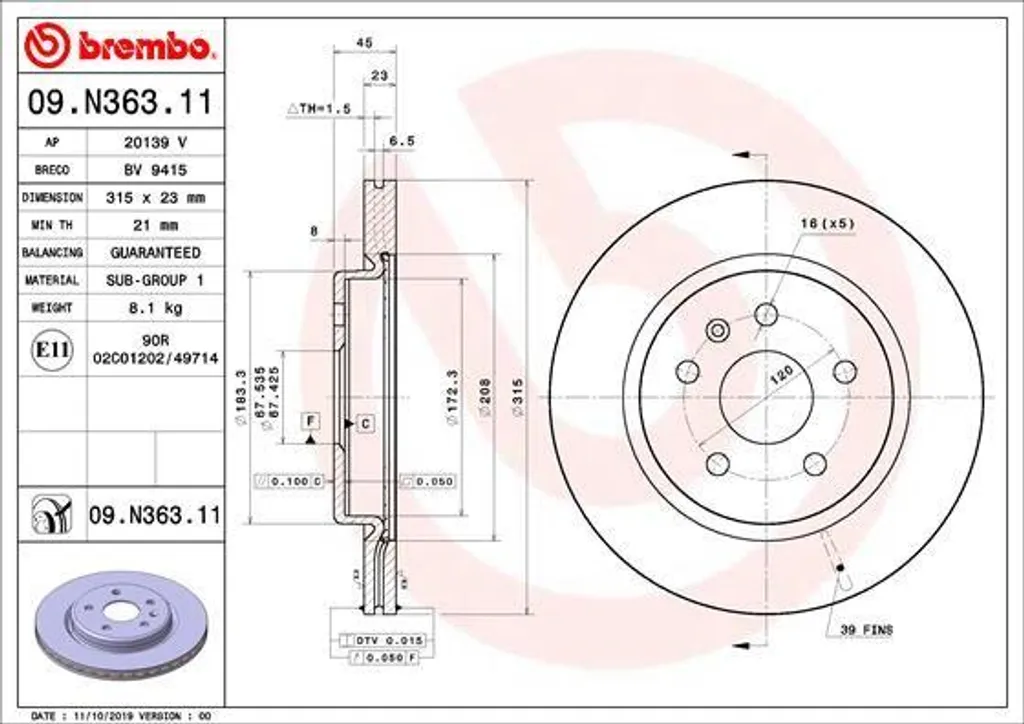 Brembo 09.N363.11 Disque de Frein à Haute Teneur en Carbone OE 13509676