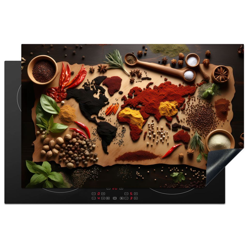 KitchenYeah Herdabdeckplatte Kräuter - Gewürze - Weltkarte - Braun - Löffel - Farbenfroh , 81x52cm, Küche Deko, Glaskeramikkochfeld Herdabdec...
