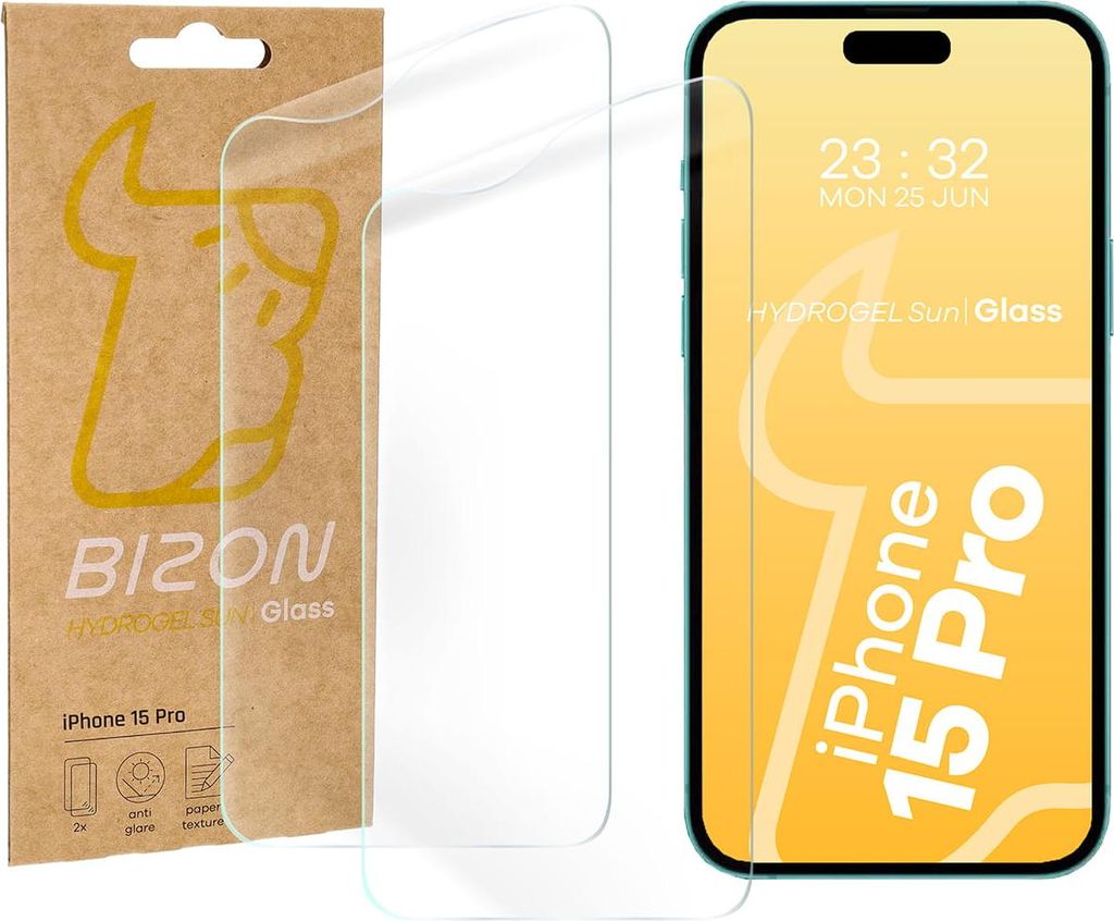Bizon Glass Film Sun Mattfolie für iPhone 15 Pro, 2 Stück