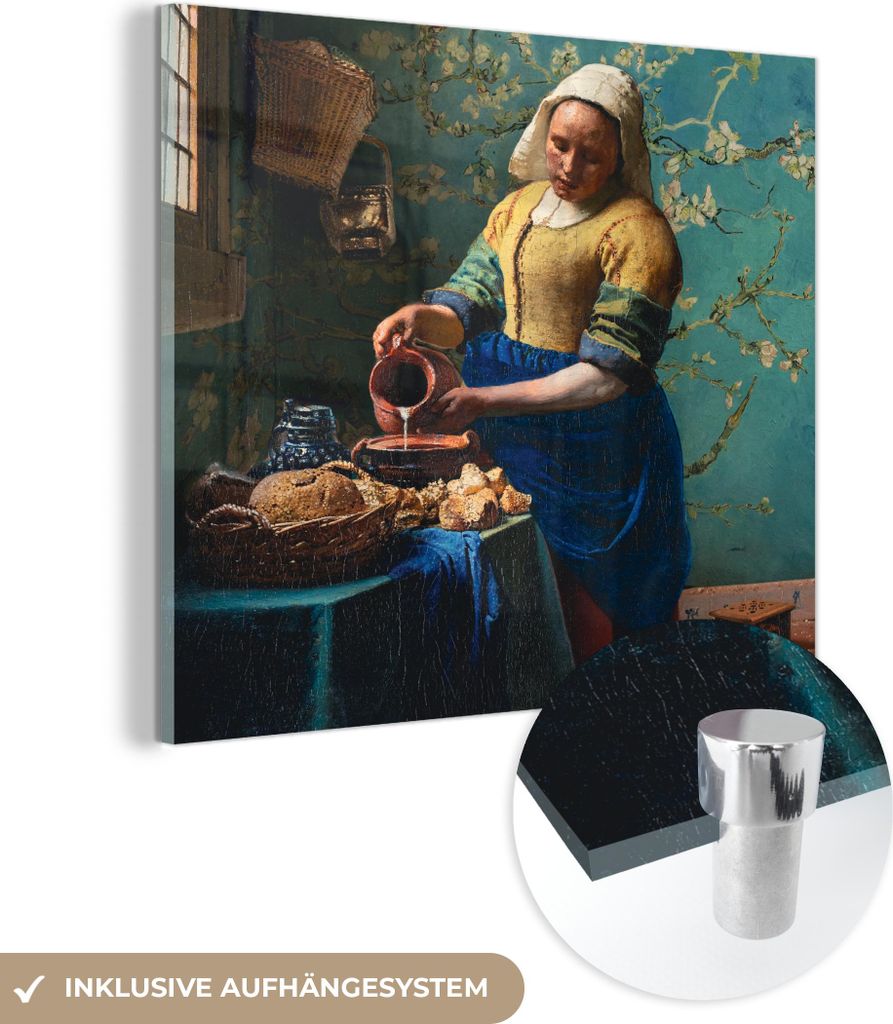 MuchoWow Glasbilder - Bilder auf Wandbild - Foto auf Glas Milchmädchen - Mandelblüte - Van Gogh - Vermeer - Gemälde - Alte Meister 20x20 cm Wand...