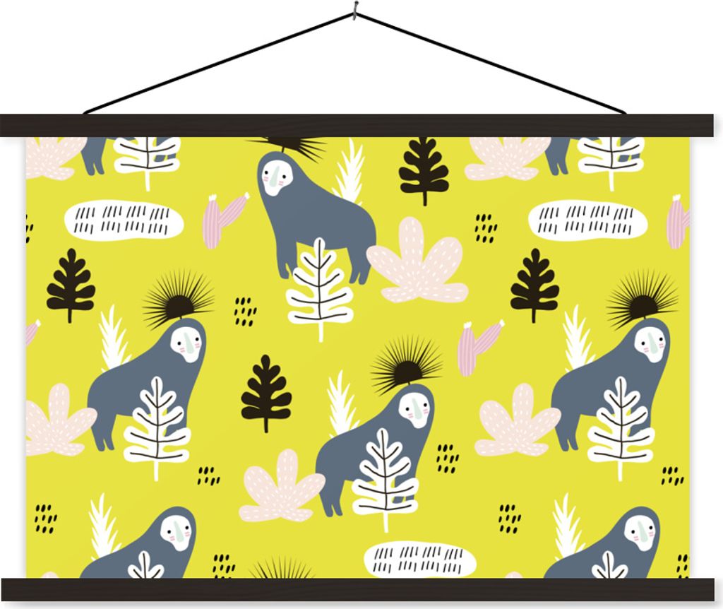 MuchoWow Textilposter Affe - Blatt - Gelb 90x60 cm mit schwarzem Rahmen - Aufhängungssatz