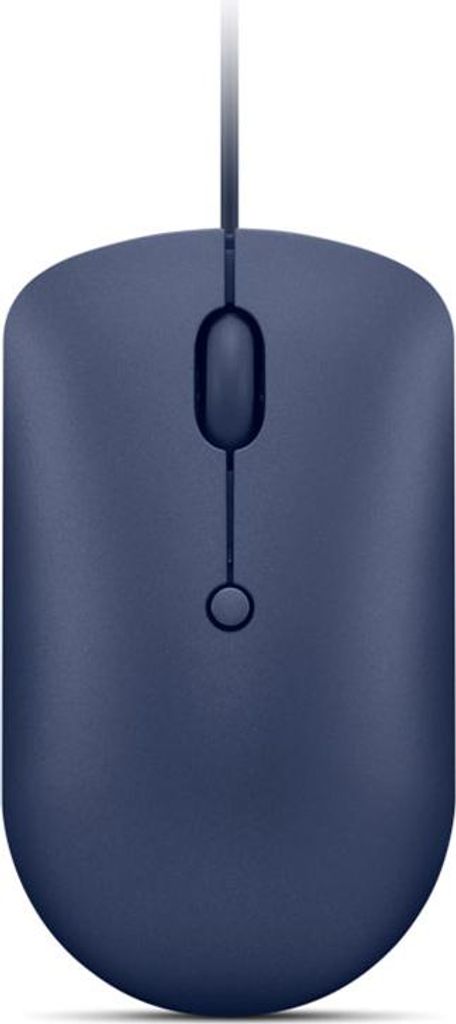A top-down view of a blue computer mouse against a white background.