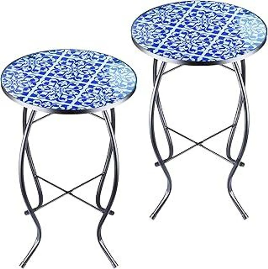 Set di 2 tavolini, tavolini rotondi in vetro, tavolino rotondo da balcone, tavolino da giardino, tavolino da caffè in metallo, tavolino da salotto per balcone, giardino, terrazza, esterni, soggiorno (motivo a mosaico) - 1