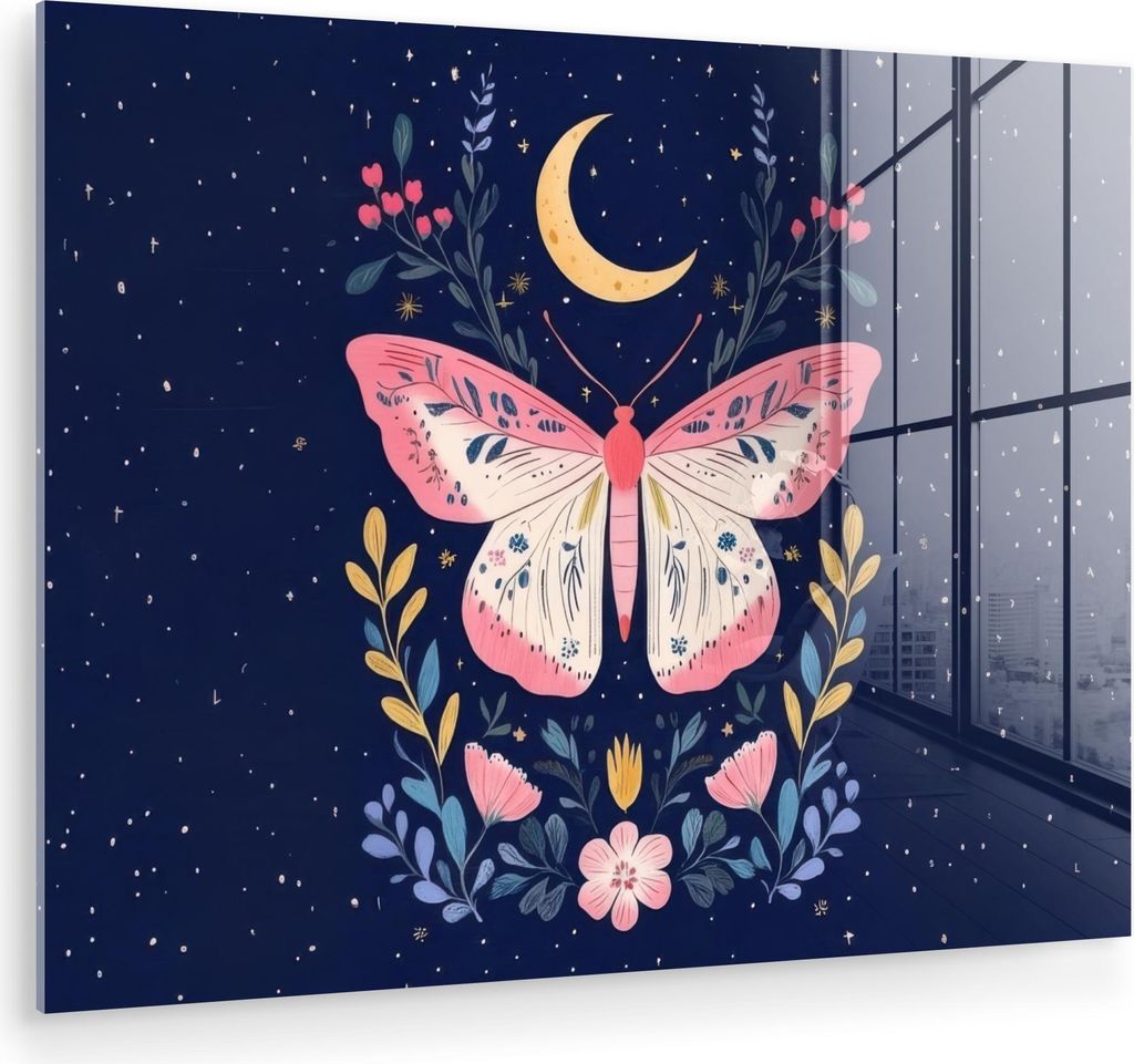 MuchoWow Glasbilder - Bilder auf Wandbild - Foto auf Glas Schmetterling - Mond - Blumen - Sternenhimmel 80x60 cm Wanddekoration aus Glas - Acrylgla...
