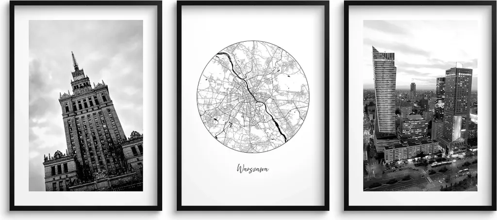 Trittico Poster Varsavia 30x40cm Bianco e Nero - Decorazione Minimalista