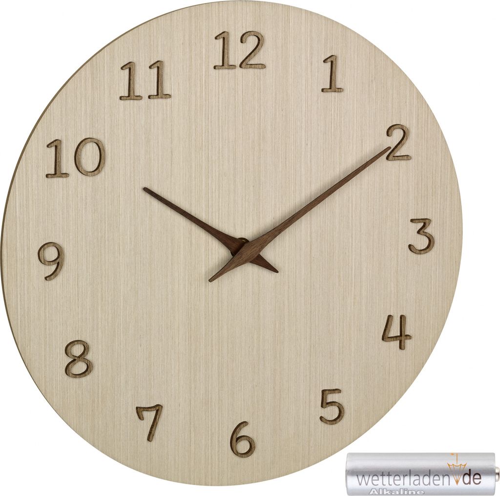 Analoge Wanduhr aus Holz 60.3072 Quarzuhr 298 mm Qualitätsuhrwerk 3D-Ziffern : mit Batterie : Holz hell 60.3072.01