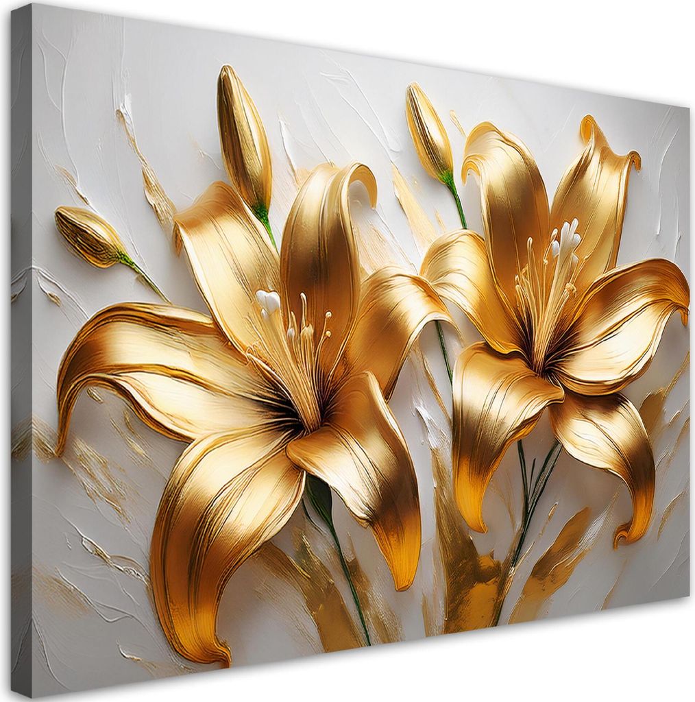 Leinwandbild Glamour Goldene Lilien Blumen Pflanzen 100x70 Feeby Gold bild für die wand bereit zum aufhängen