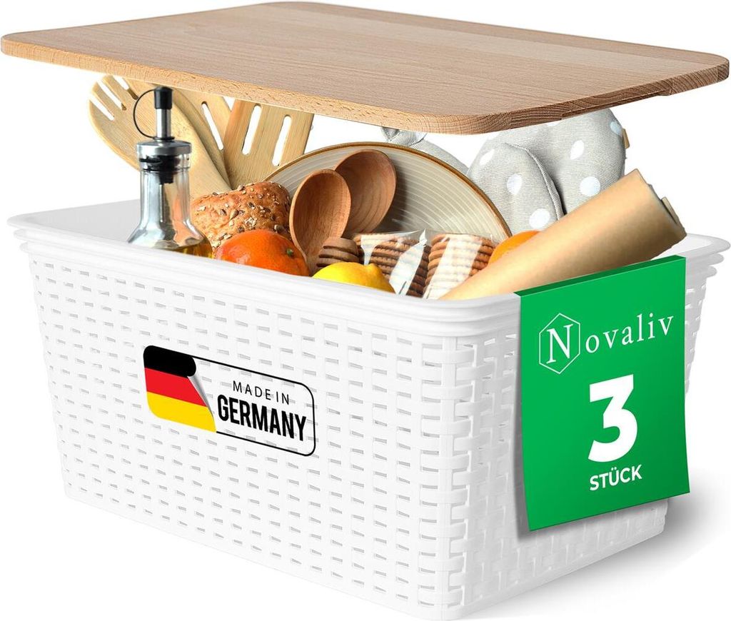 Novaliv 3er Set Aufbewahrungsbox mit Holzdeckel Küche 14L Weiß Kunststoff Rattan-Optik Küche Aufbewahrung & Organisation BPA-Freie Schrank Organ...