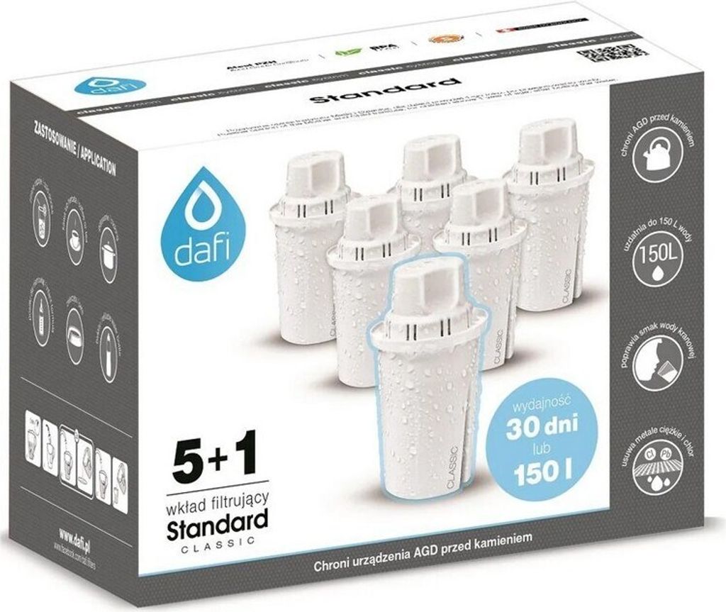 A box of Dafi Classic water filter cartridges.