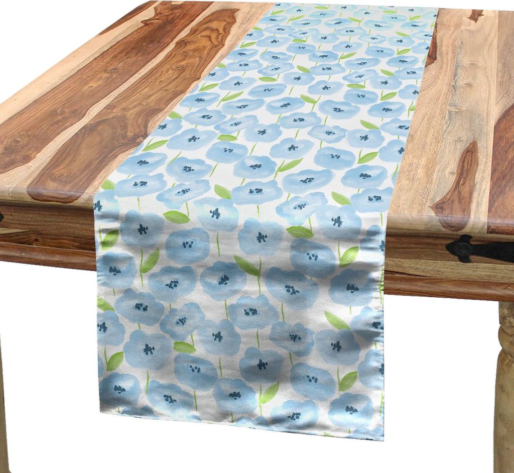 ABAKUHAUS Aquarell Blumen Tischläufer, Opium Mohnfeld botanische Essenz Frühling Vibe Feminine, 40 x 225 cm, Baby Blue und Hellgrün