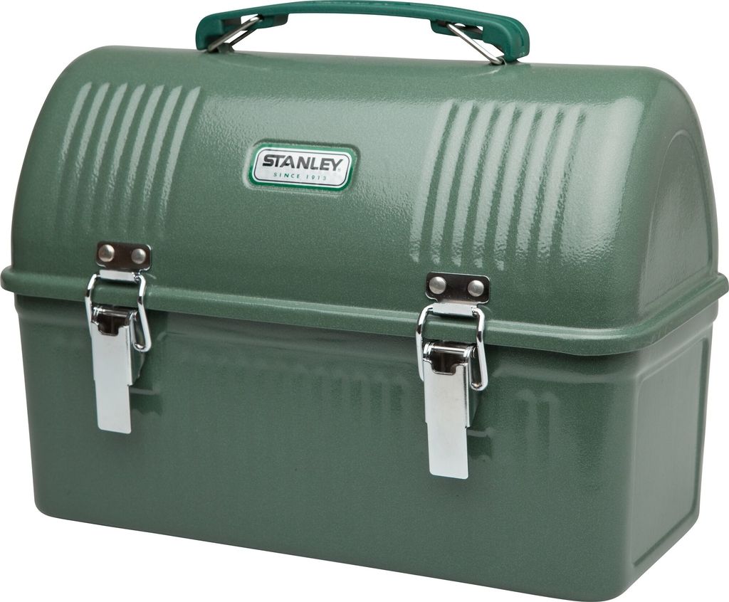 A green Stanley lunch box with silver clasps and handle.