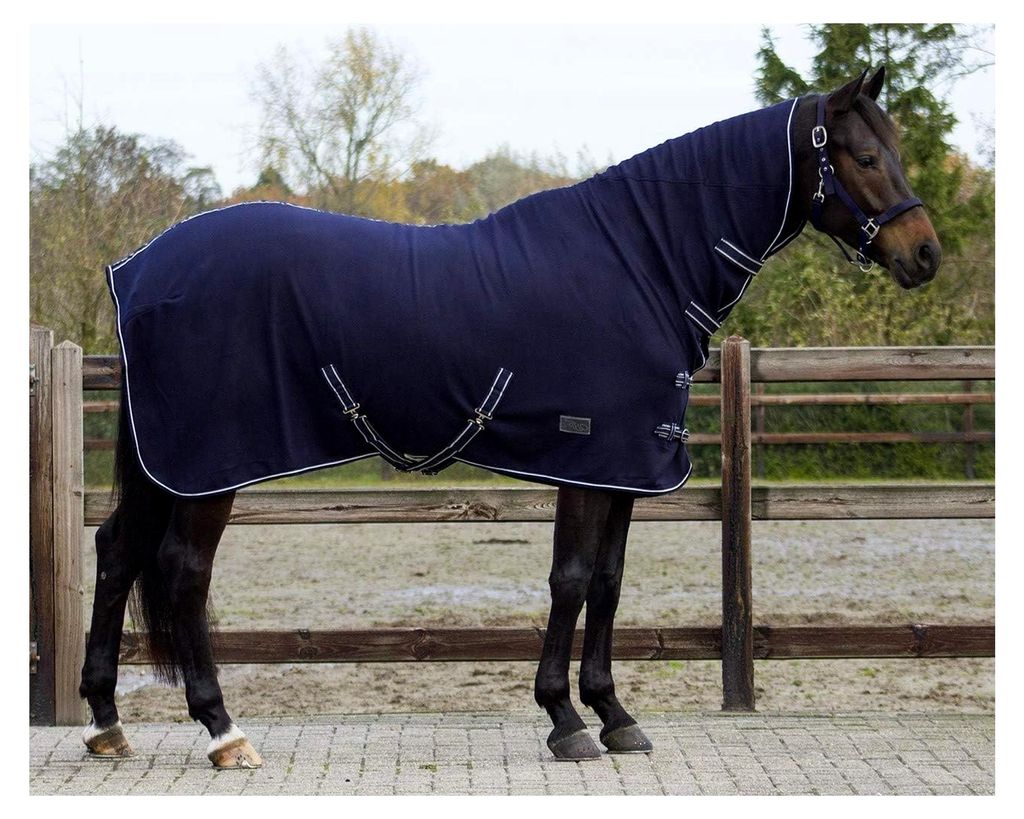 Fleecedecke Abschwitzdecke Basic mit Halsteil Kreuzgurte blau + schwarz